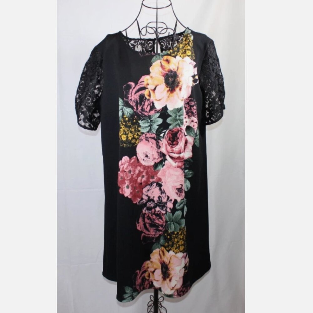 Luxology XL Floral Dress Black Lace Short Sleeves Pullover Tunic Stretch Fabric